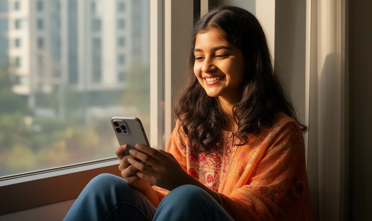 Young Bangladeshi woman using the 81BD casino app on her smartphone while relaxing by a sunny window with a happy smile