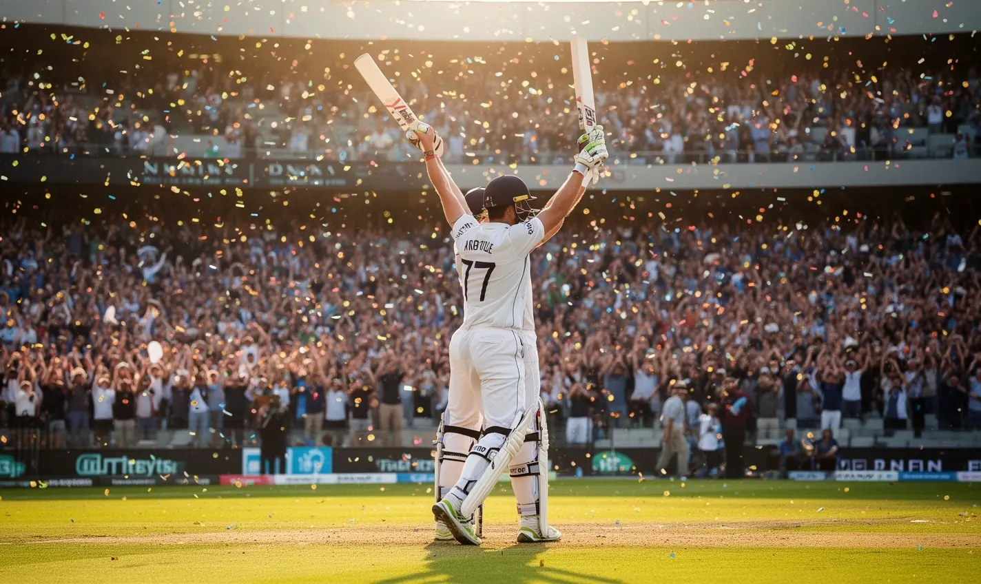 Cricket player raising his arms in victory after scoring with cheering fans and confetti showcasing the thrill of winning on 81BD in Bangladesh