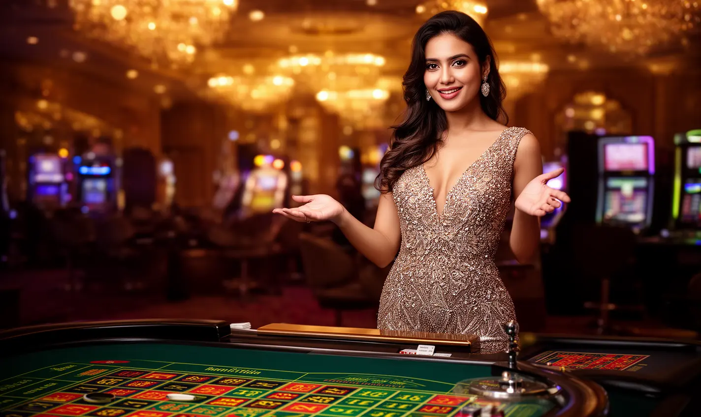 Stylish live casino hostess in a shimmering evening dress presenting a roulette table in a modern studio atmosphere at 81BD for players in Bangladesh