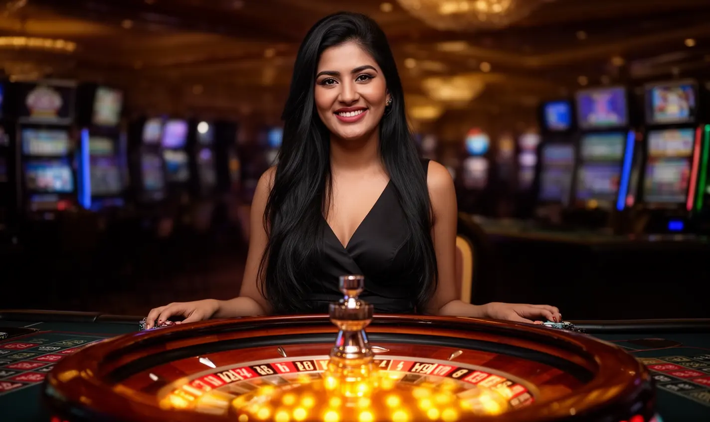 Confident Bangladeshi live casino dealer in a red dress standing at a modern gaming table with digital displays and slot machines behind her at 81BD