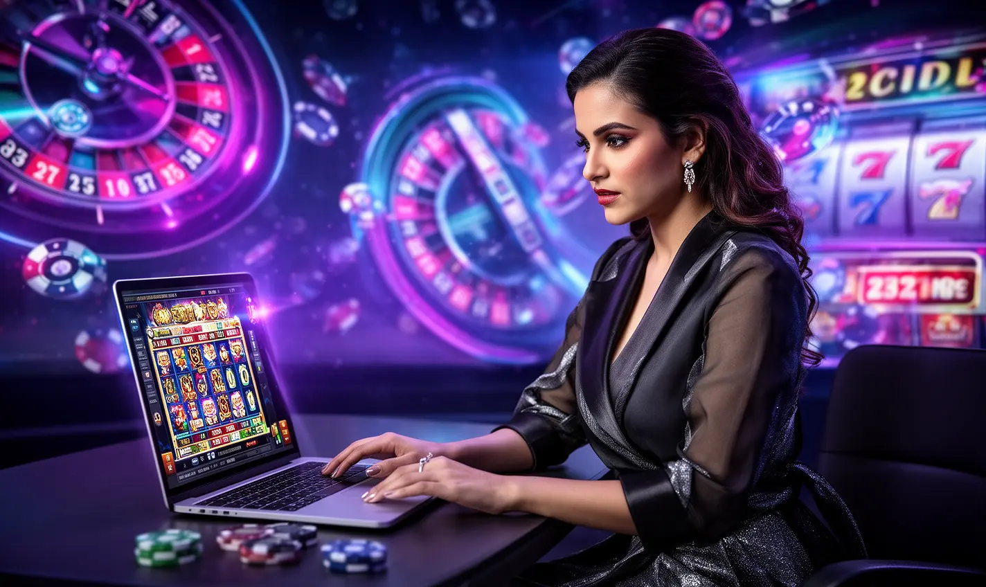 Confident Bangladeshi player enjoying futuristic online casino games on a laptop with glowing roulette visuals at 81BD casino platform