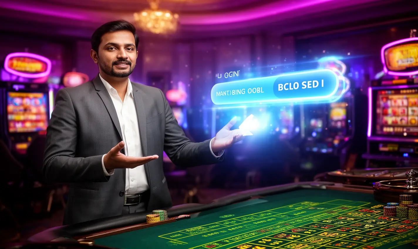 Confident Bangladeshi casino dealer pointing at a floating holographic login button in a vibrant 81BD casino atmosphere