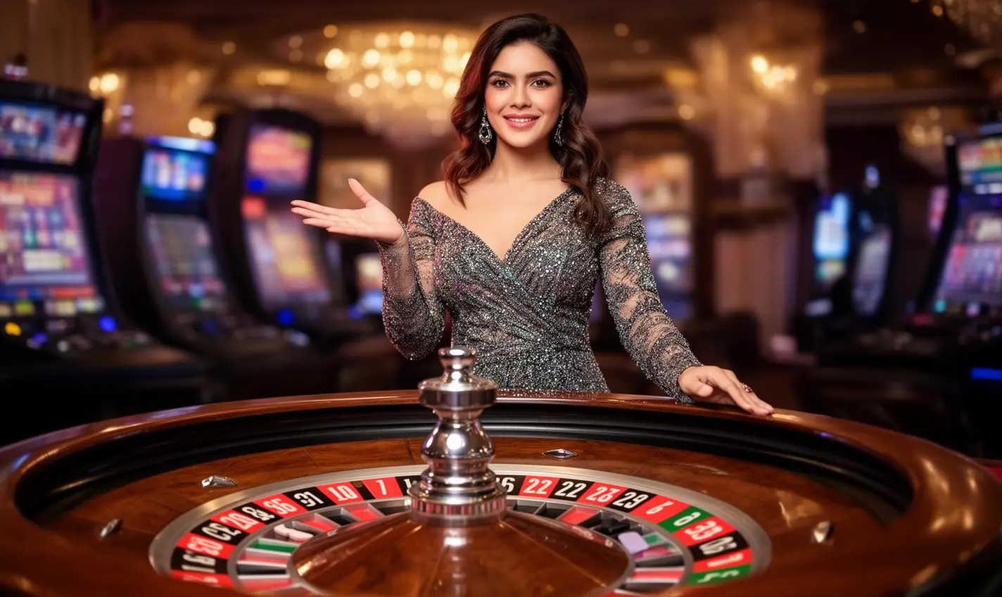 Elegant live casino dealer from Bangladesh presenting a roulette table in a luxury gaming studio reflecting the high quality live casino experience at 81BD