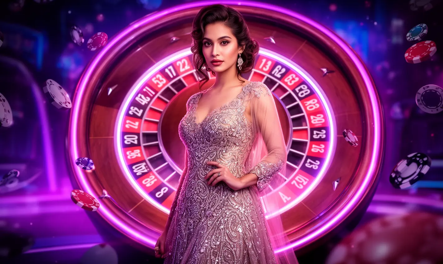 Stylish casino model standing before a bright roulette wheel highlighting the excitement and premium casino experience at 81BD for players in Bangladesh