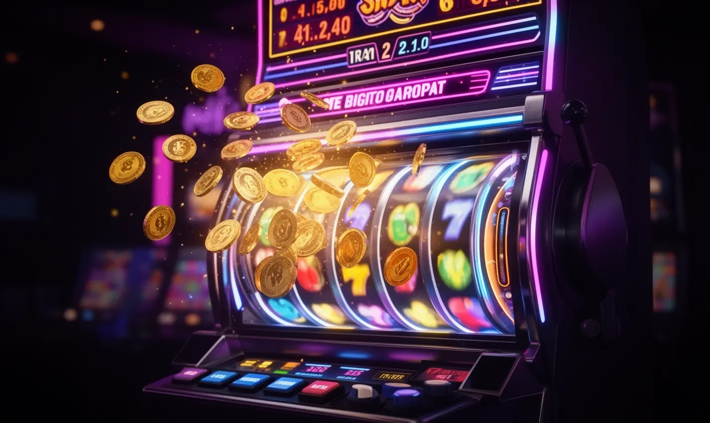 Classic casino slot machine with bright reels and jackpot symbols surrounded by gold coins representing winning moments at 81BD casino for players in Bangladesh